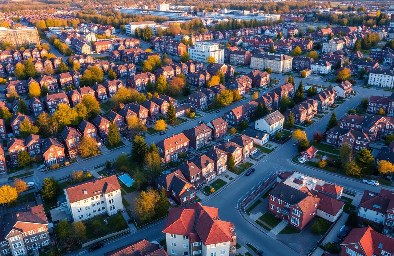 Flygbild över svenska bostadsområden – villor, BRF och hyreshus